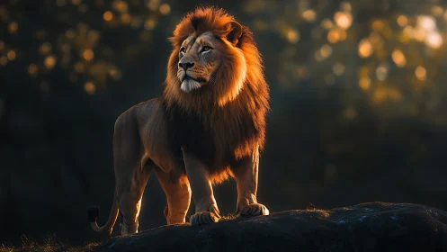 Lion stands on rock in warm directional backlighting