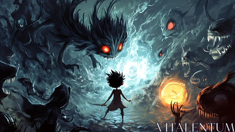 Digital painting of child confronting phantasmal demons in void.