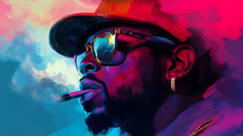 Neon smoke poet in mirrored shades and electric calm.