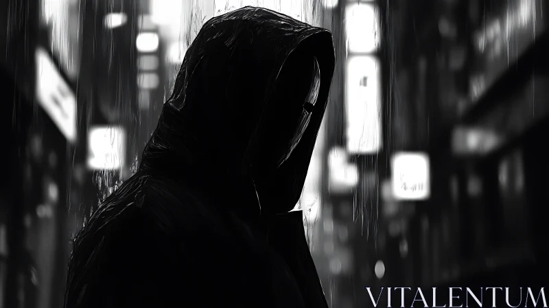 Hooded silhouette in neon rain, high contrast urban noir.