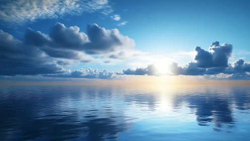 Photorealistic seascape horizon with luminous cloud reflections.