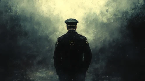 Solitary officer stands quietly in a stormlit, misty night