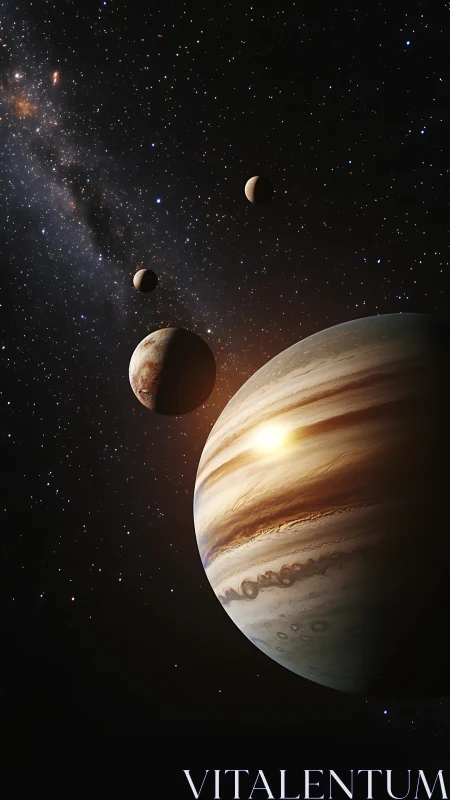 Jovian giant and moon ballet under a jeweled star sea.