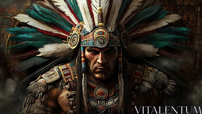 Regal indigenous warrior in ornate feathered headdress portrait.