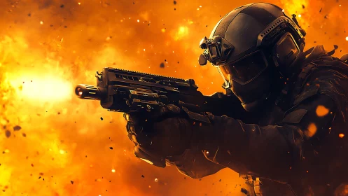 Tactical soldier fires rifle against blazing explosion backdrop.