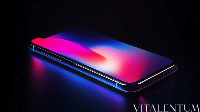 Sleek smartphone glows in neon gradients against dark void
