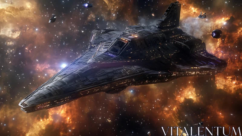 3D star destroyer warship in cinematic deep-space battle field.