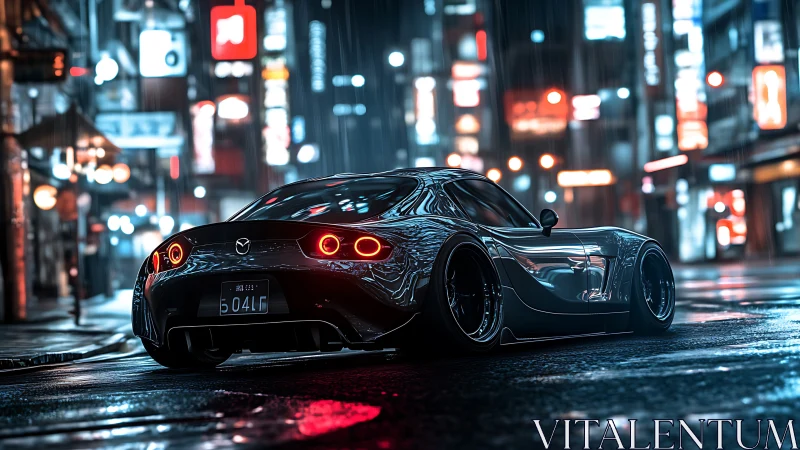 Midnight sports coupe under neon rain in cyberpunk city.