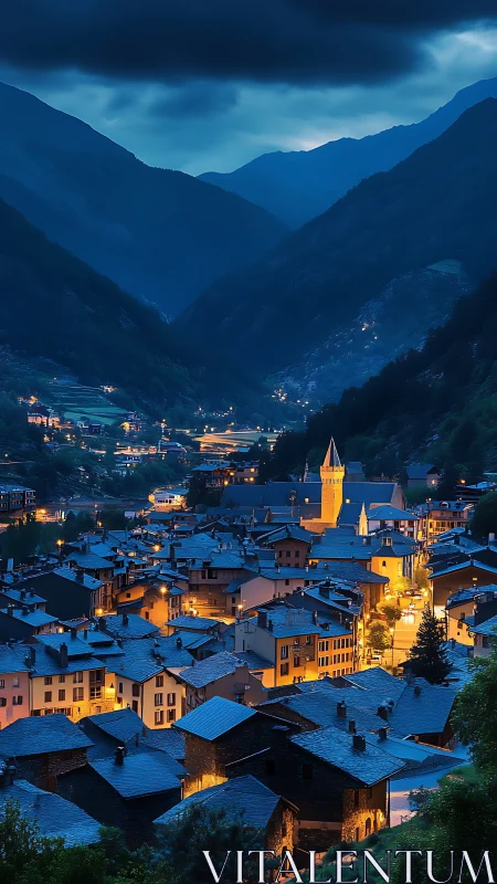 Cozy alpine village lights glowing under deep blue dusk.