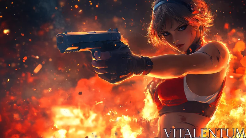 Gunfire goddess steadies her aim inside a storm of embers