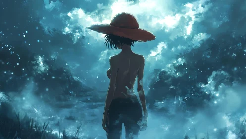 Solitary backlit figure in straw hat within misty blue dusk