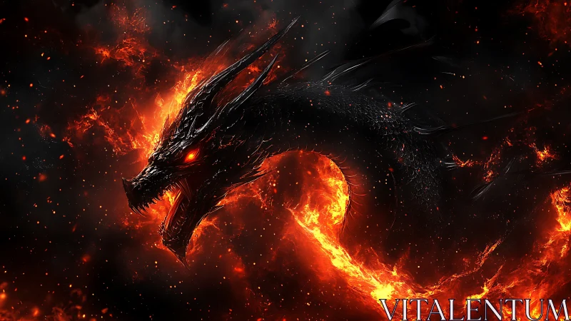 Infernal obsidian dragon coils through a storm of living fire.