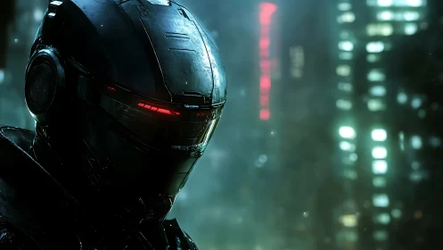 Calm cybernetic guardian watching over neon city lights.
