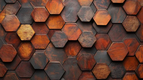 Rustic hexagonal wooden wall panels with staggered relief depth