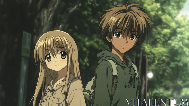 Anime school pair walking through sunlit tree-lined street.