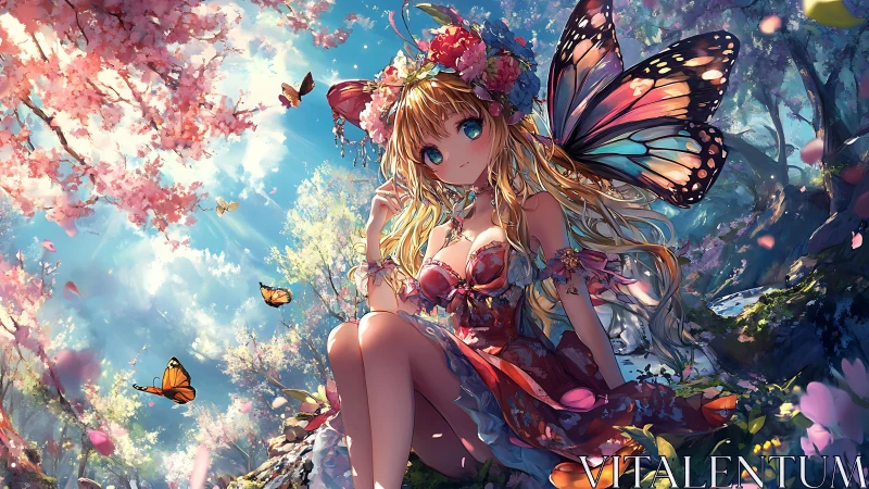 Anime fairy girl seated in luminous sakura forest glade