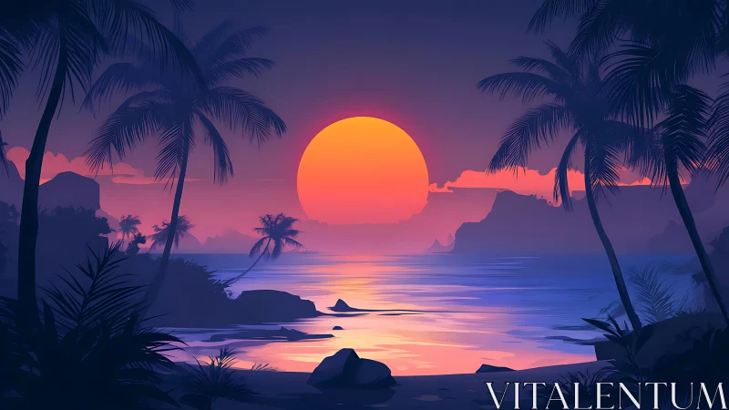 Vibrant tropical sunset floods a calm palm-framed shoreline
