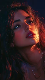 Luminous portrait of a woman bathed in cinematic neon light