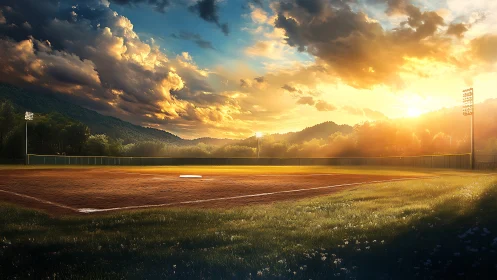 Empty baseball field under dramatic sunset sky.