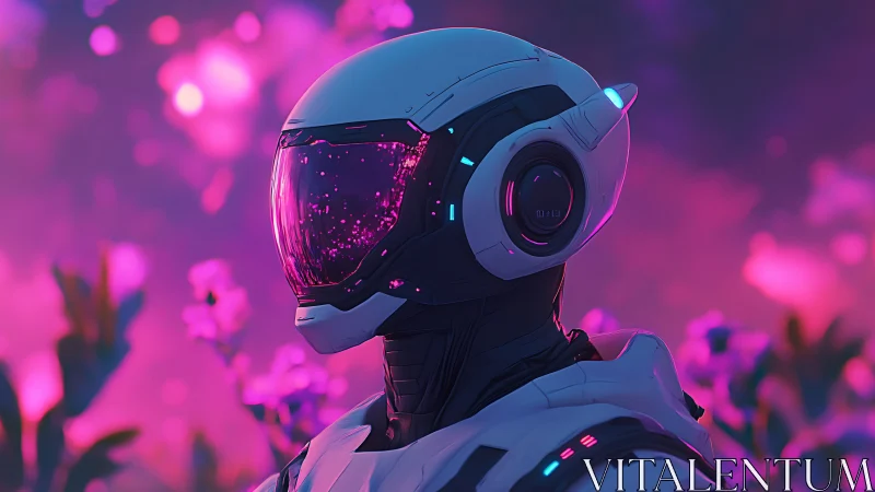 Stargazing astronaut gently explores a glowing pink garden