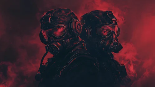 Two tactical soldiers in gas masks stand back to back.