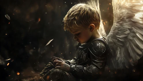Fallen feather lullaby with a child angel in quiet armor.