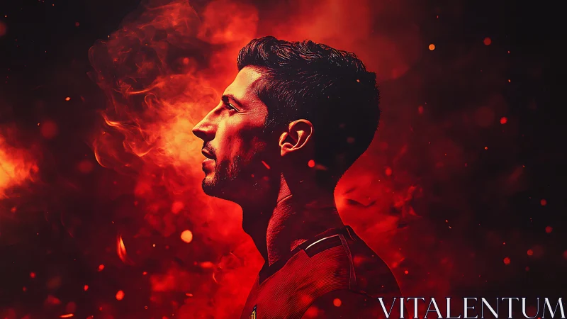 Profile of determined athlete in blazing red inferno glow.