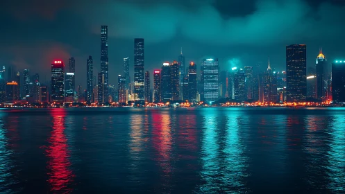 Neon-lit highrise skyline with cyan and red reflections at night