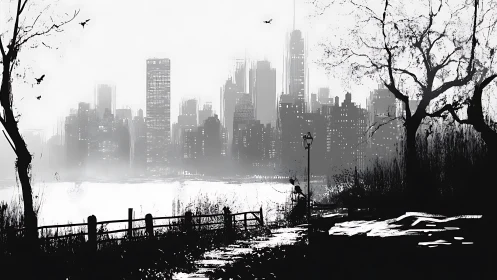 Monochrome urban skyline framed by stark winter park trees.