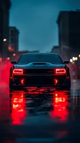 Black muscle car with red neon lights on wet city street.