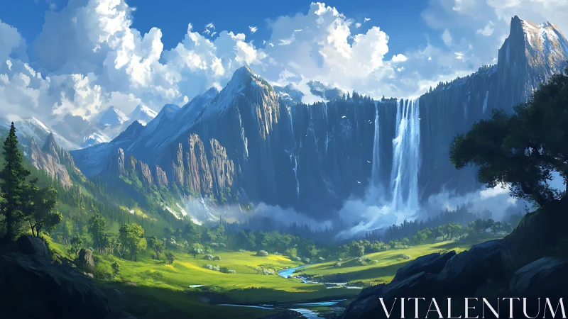 Vast mountain range with tall cliff waterfalls and valley.