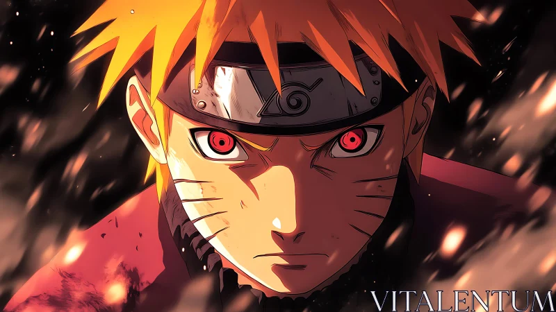 Intense red-eyed anime warrior in frontal close-up portrait