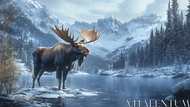 Majestic winter moose holding court by a glassy alpine lake.