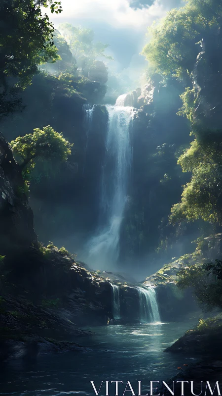 Vertical rainforest cascade in luminous digital painting style.