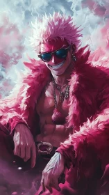 Pink-haired anime villain in fur coat and sunglasses smirks.