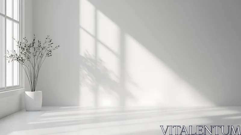 White minimalist room with potted plant and window light.