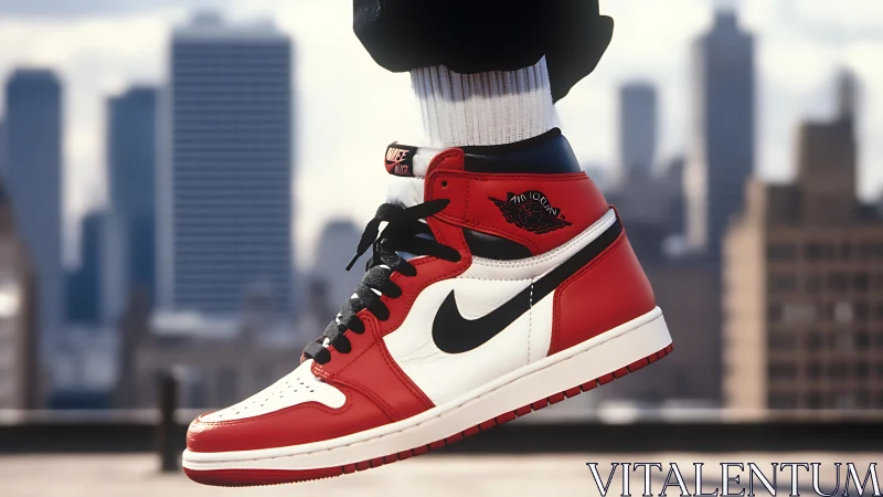 Red and white Nike high-top sneaker against city skyline.