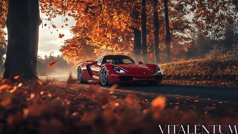 Scarlet supercar glides through a tunnel of blazing autumn fire