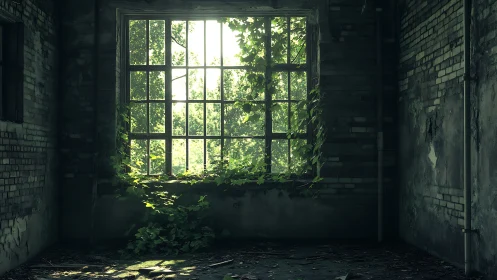 Sunlit ivy reclaims abandoned brick room through tall window