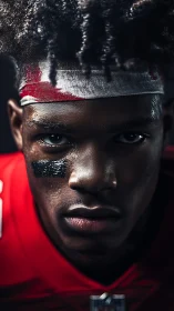 Game-ready focus in a young football player’s intense gaze.