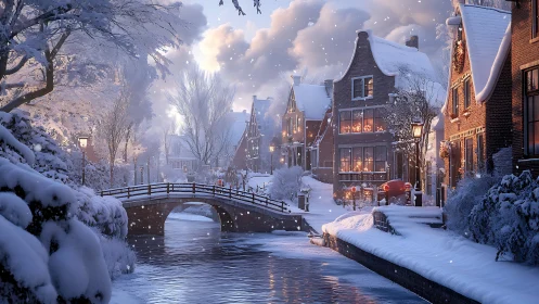 Snow-covered canal street with bridge and residential houses
