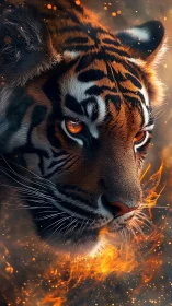 Fiery-eyed tiger gazing through glowing sparks of legend.