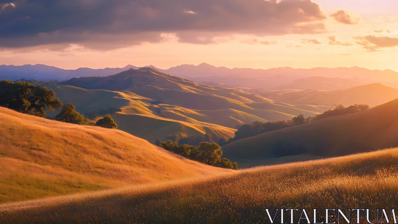 Golden sunset over rolling hills with distant mountain ridge.