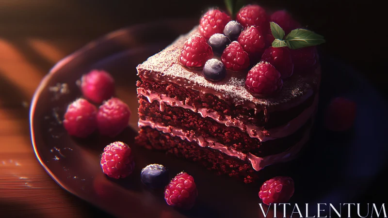 Multi-layered chocolate cake slice with raspberry and blueberry garnish arrangement