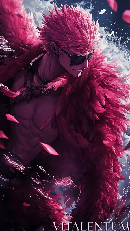 Stylized pink-feathered antihero in dynamic ocean spray profile