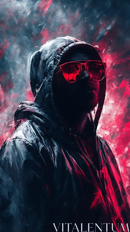 Hooded figure in neon red light radiates urban mystery