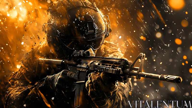 Armored assault trooper aims carbine amid dynamic particle blast