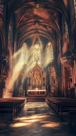 Sunlit gothic sanctuary where stained glass weaves silent fire.