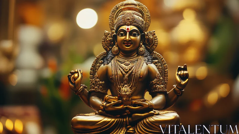 Golden serene deity statue glowing in soft temple light.