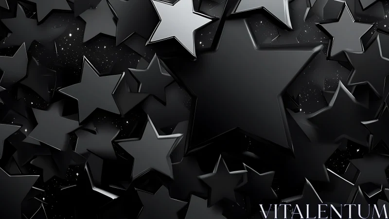 Glossy black 3D stars clustered on a dark space backdrop.